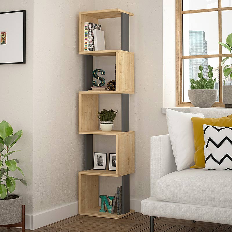 Bookcase STAIRS featuring natural beech and anthracite melamine, showcasing six shelves and a modern design.