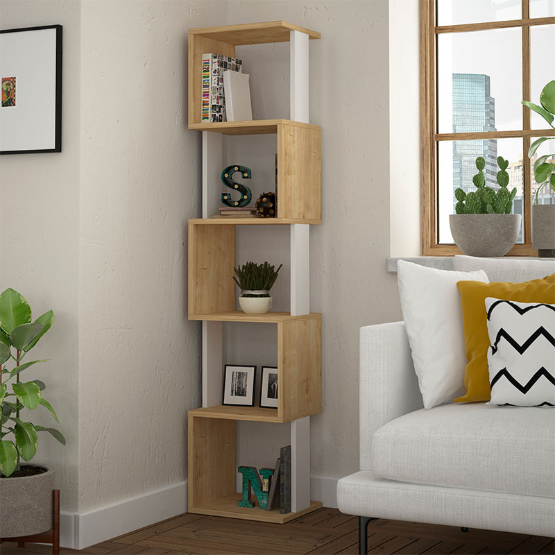 Bookcase STAIRS in Natural Beech and White with six shelves, showcasing a modern design suitable for home or office use.