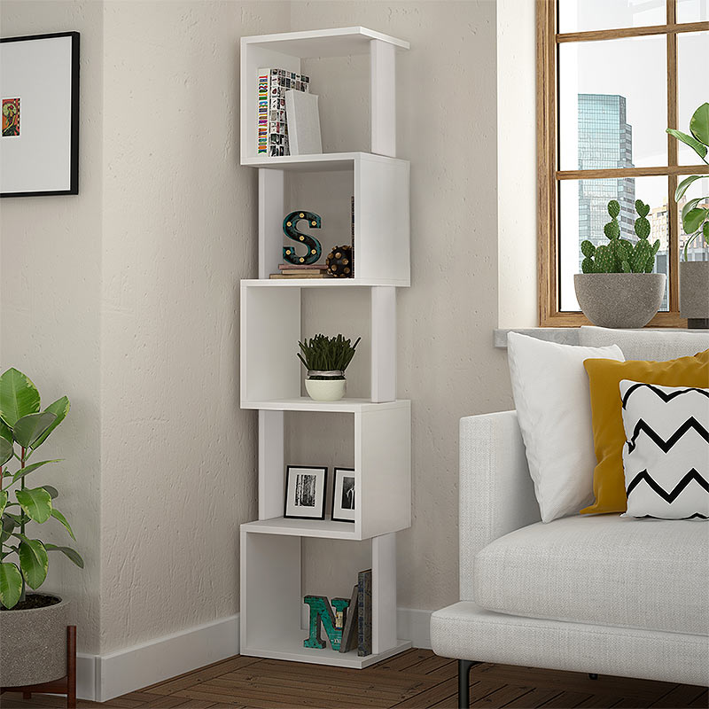 White Bookcase STAIRS with six shelves, made of durable melamine, ideal for home and office use.