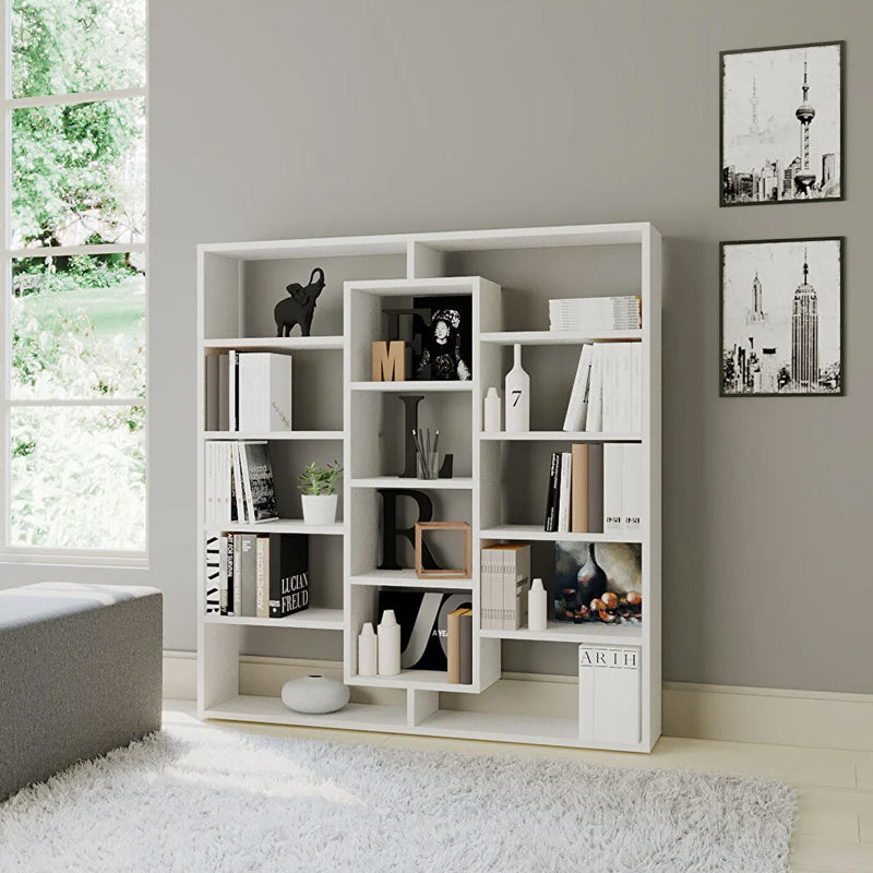 Stylish white Bookcase STEFANIE with dimensions 125x22x135.7 cm, featuring a melamine finish and ample storage space.