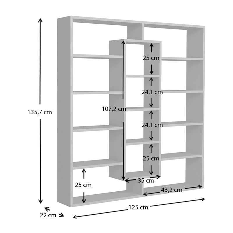 Stylish white Bookcase STEFANIE with dimensions 125x22x135.7 cm, featuring a melamine finish and ample storage space.