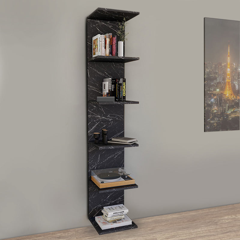 THOMAS Black Marble Effect Bookcase mounted on a wall, showcasing its elegant design and spacious shelves.