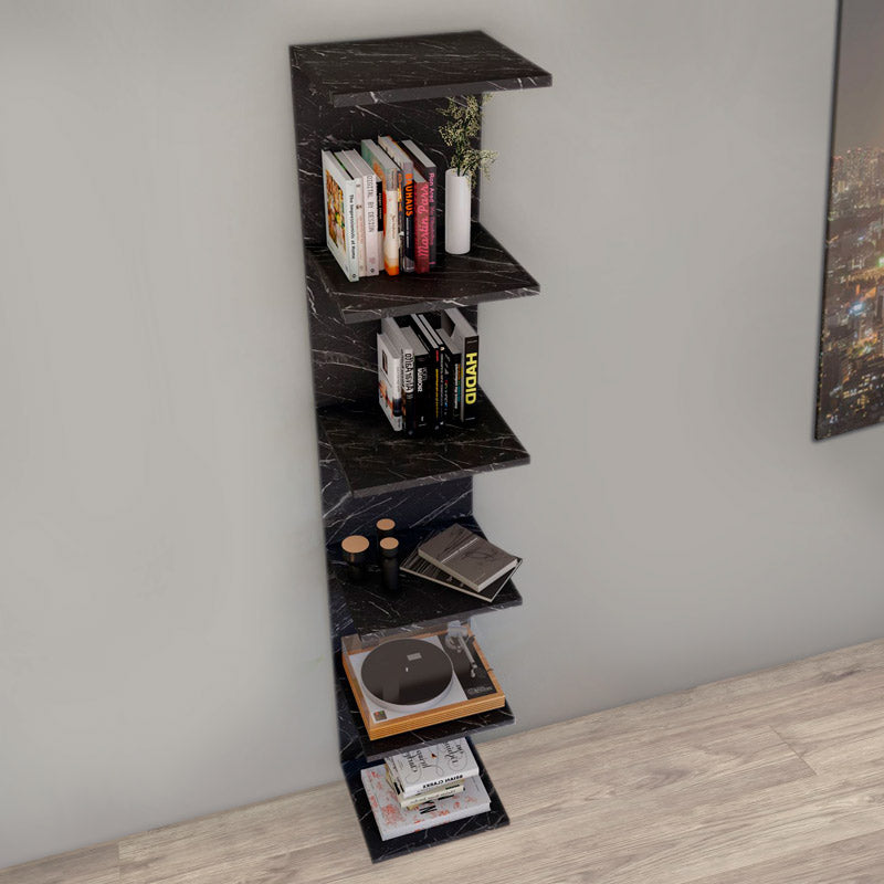 THOMAS Black Marble Effect Bookcase mounted on a wall, showcasing its elegant design and spacious shelves.