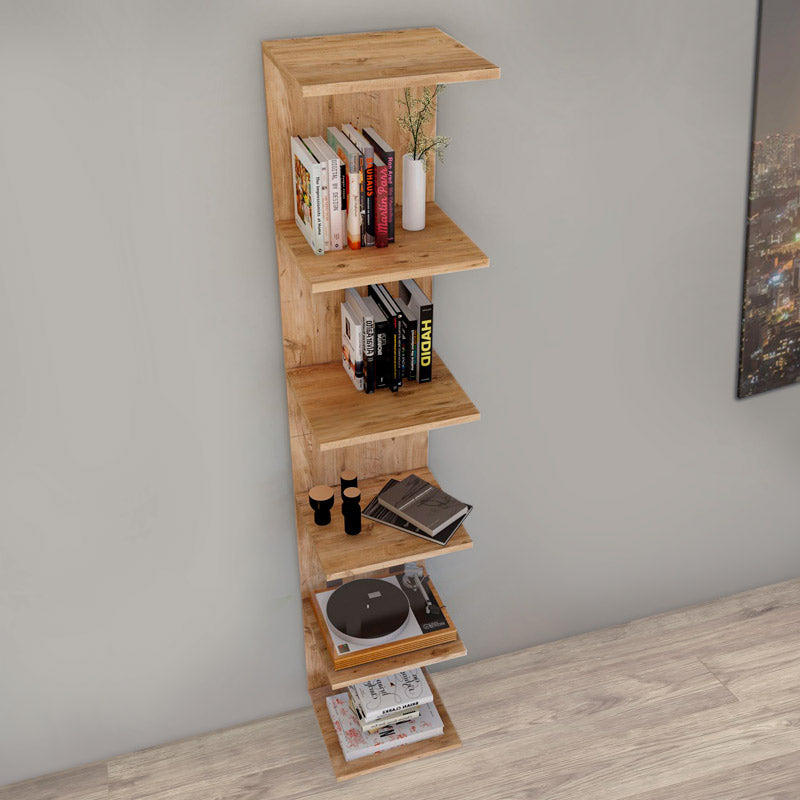 THOMAS Pine Oak Bookcase, modern wall shelf in oak color, showcasing its elegant design and spacious shelves.