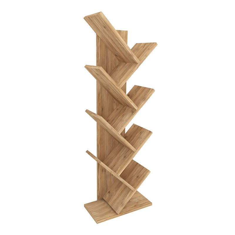 TOWER Pine Oak Bookcase with tree-like design, showcasing its elegant oak finish and compact dimensions.