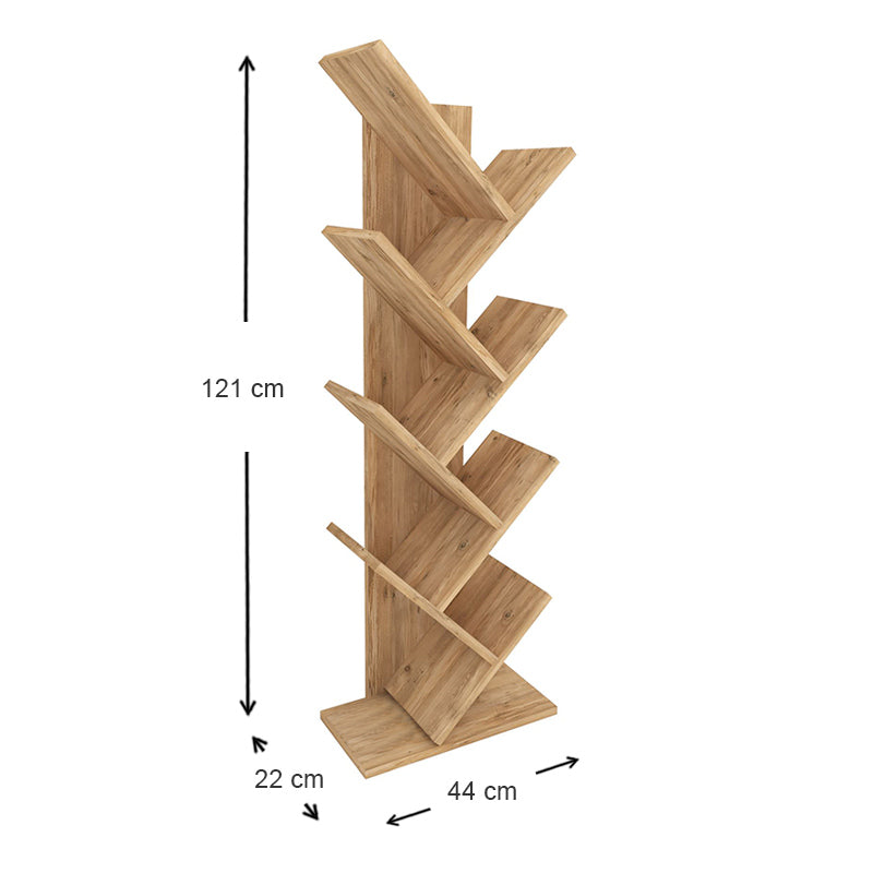 TOWER Pine Oak Bookcase with tree-like design, showcasing its elegant oak finish and compact dimensions.