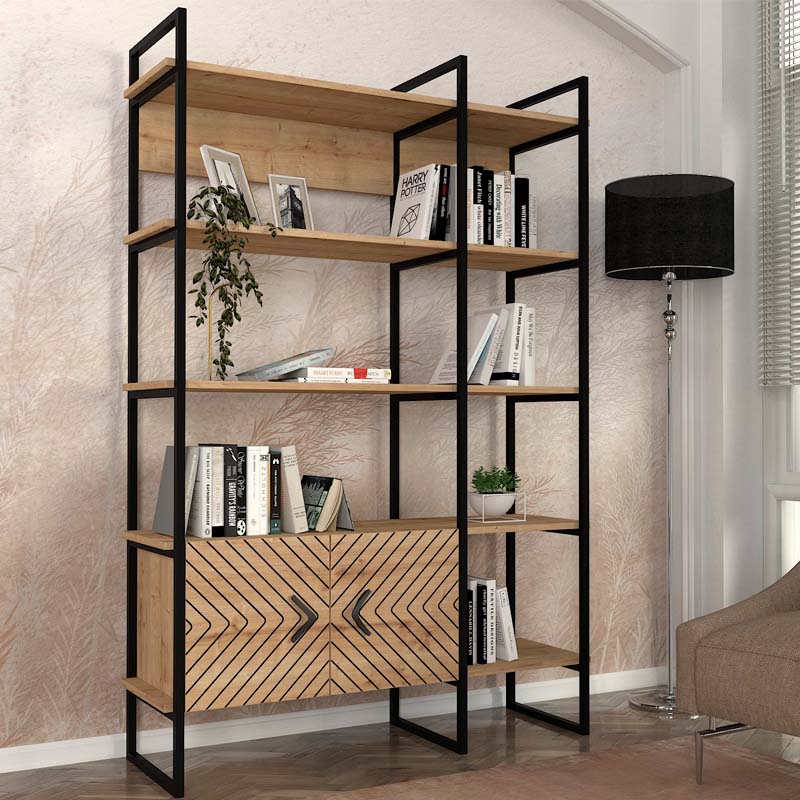 Bookstand GUADALUPE in sapphire oak, featuring laser-cut designs and a sturdy structure, ideal for home or office use.