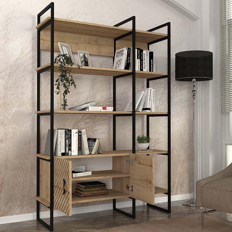 Bookstand GUADALUPE in sapphire oak, featuring laser-cut designs and a sturdy structure, ideal for home or office use.