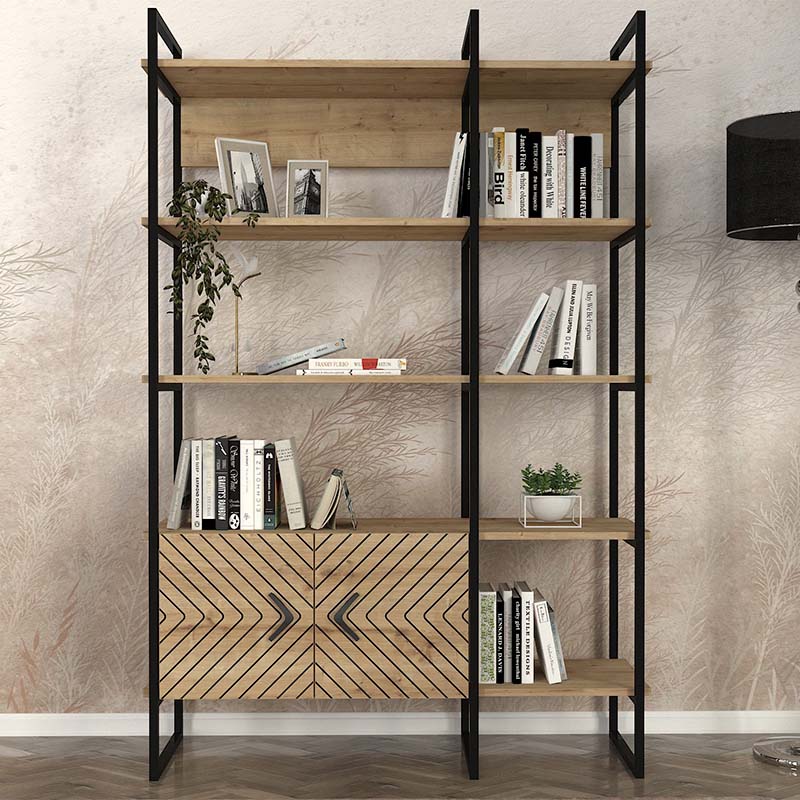 Bookstand GUADALUPE in sapphire oak, featuring laser-cut designs and a sturdy structure, ideal for home or office use.