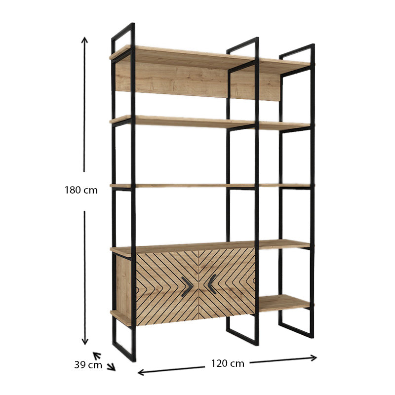 Bookstand GUADALUPE in sapphire oak, featuring laser-cut designs and a sturdy structure, ideal for home or office use.