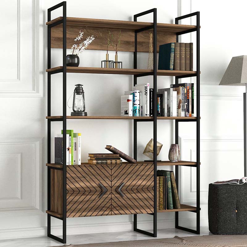 Bookstand GUADALUPE in walnut finish, showcasing its elegant design and spacious shelves.