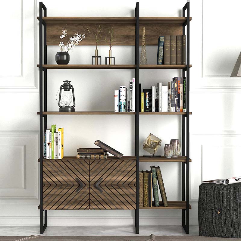 Bookstand GUADALUPE in walnut finish, showcasing its elegant design and spacious shelves.