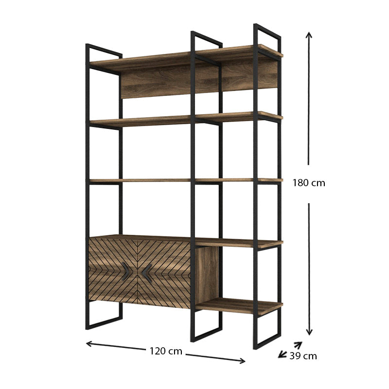 Bookstand GUADALUPE in walnut finish, showcasing its elegant design and spacious shelves.