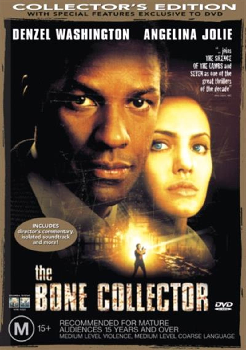 DVD cover of 'Bone Collector' featuring Denzel Washington and Angelina Jolie, showcasing a dark and suspenseful theme.