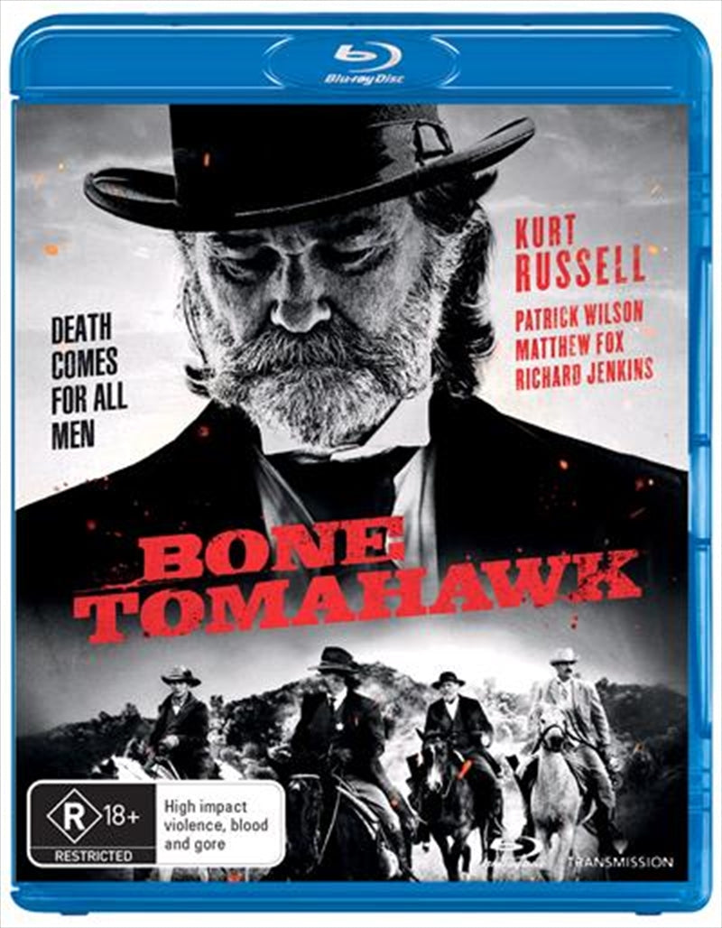 Bone Tomahawk Blu-ray cover featuring four men in a Wild West setting, highlighting the film's adventurous and horror elements.