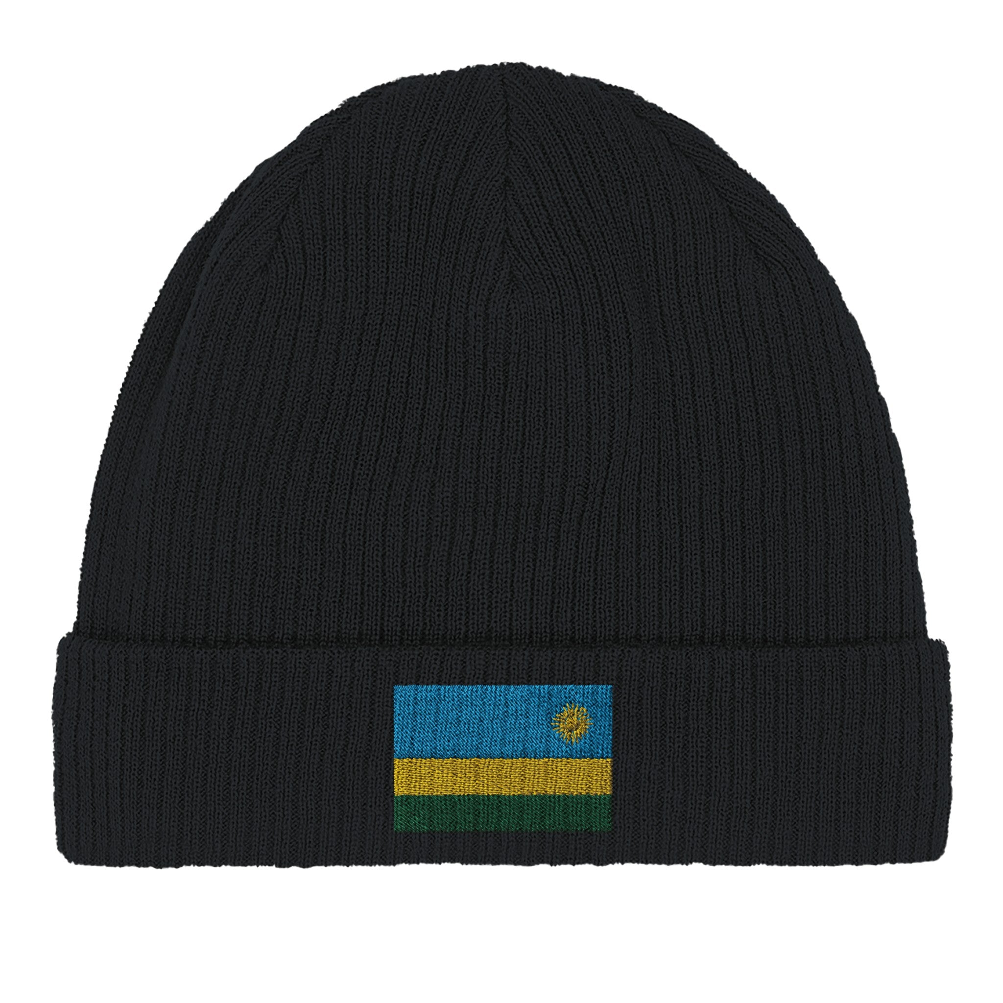 Bonnet en coton biologique avec motif du drapeau du Rwanda, léger et respirant, idéal pour un style éthique.