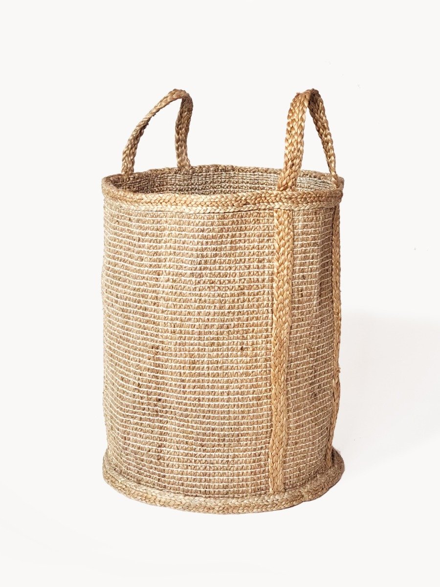 Bono Hamper in natural color, made from braided jute, showcasing its spacious design and unique handcrafted details.