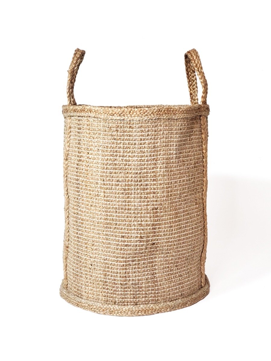 Bono Hamper in natural color, made from braided jute, showcasing its spacious design and unique handcrafted details.