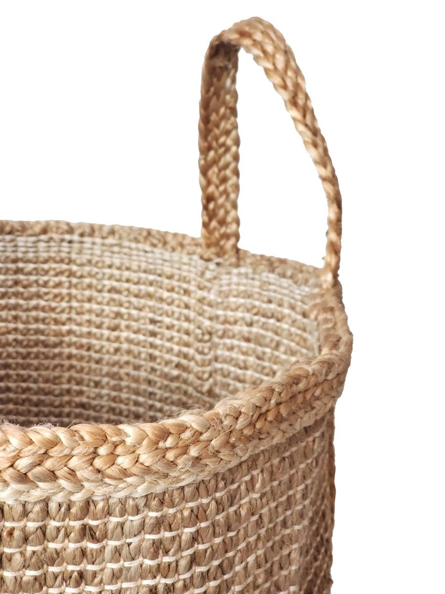 Bono Hamper in natural color, made from braided jute, showcasing its spacious design and unique handcrafted details.