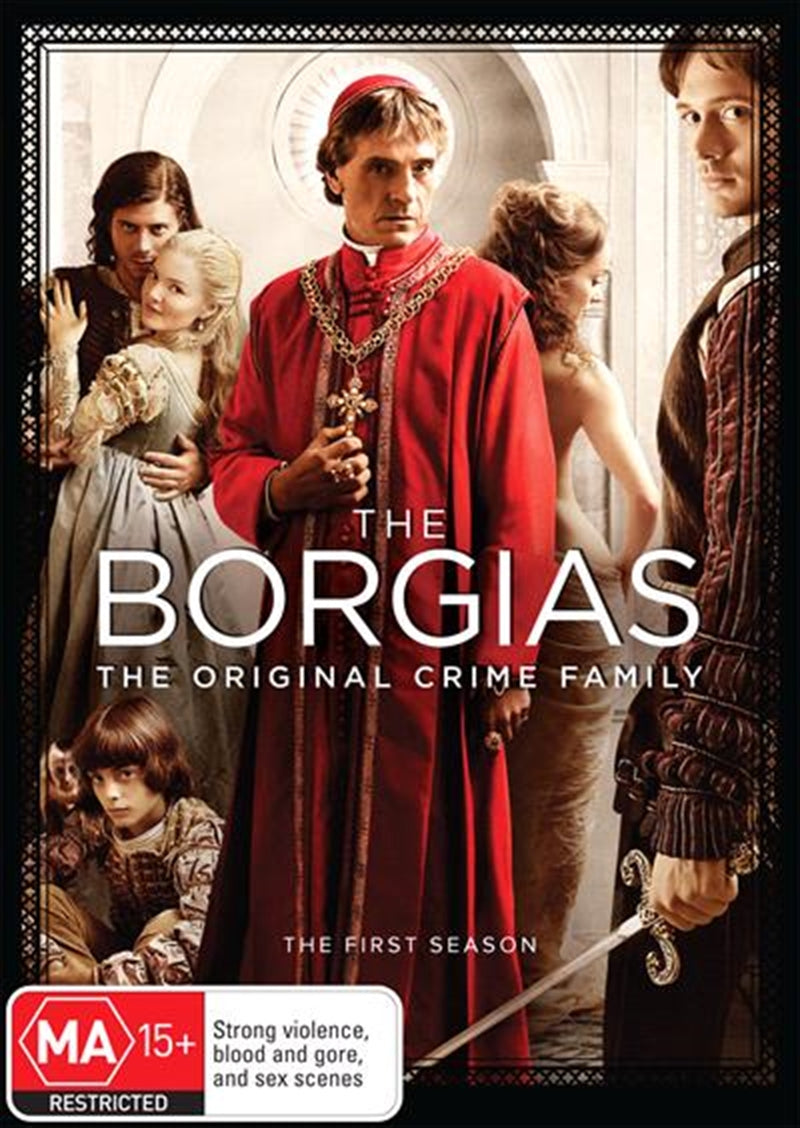 Borgias Season 1 DVD cover featuring the Borgia family in Renaissance attire.