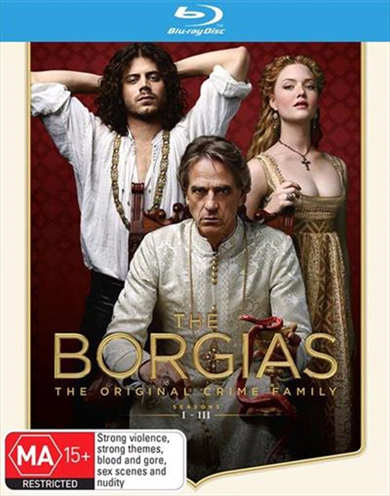 Borgias Blu-ray boxset featuring Seasons 1-3 with elegant cover art.