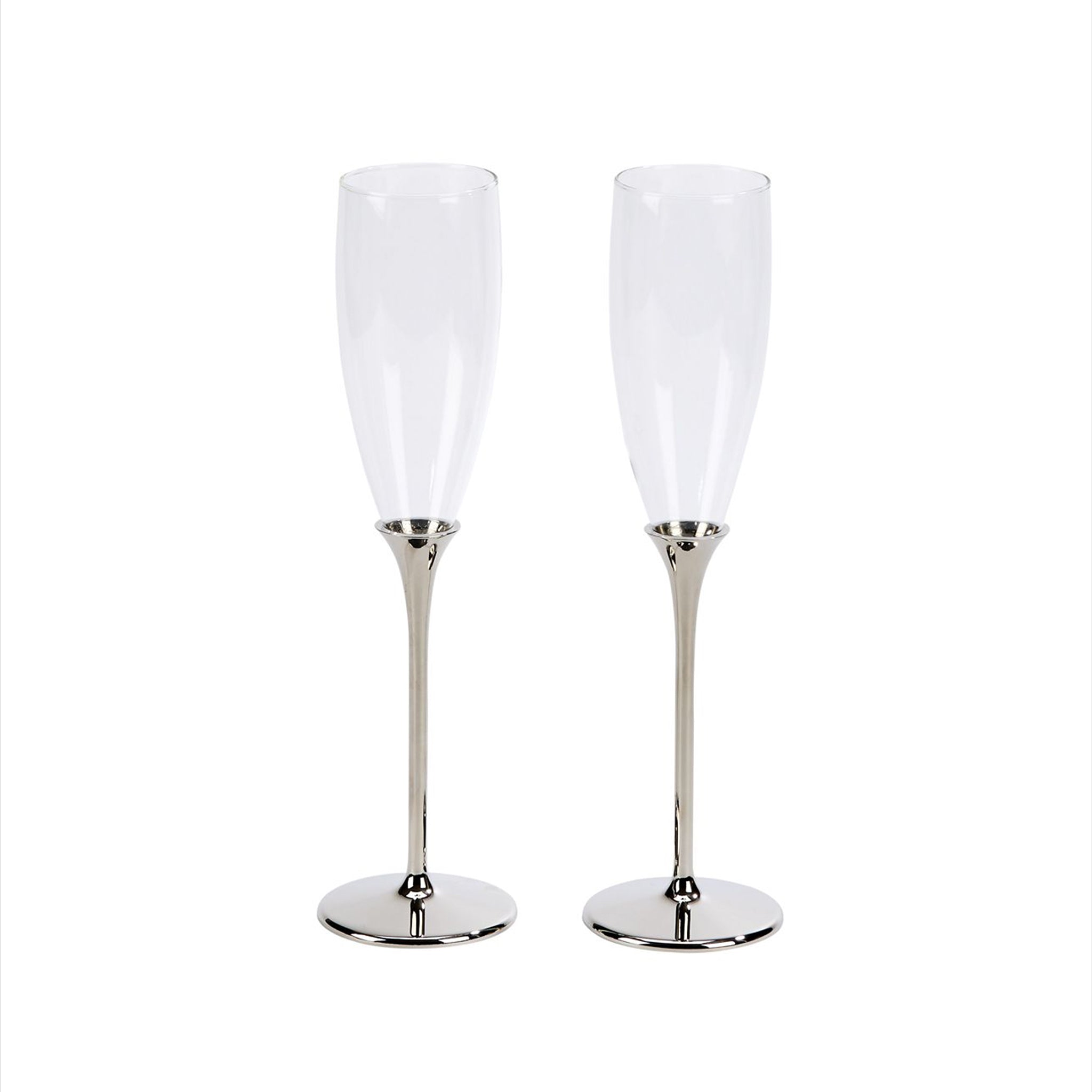 Boston Champagne Toasting Flutes Set featuring elegant nickel-plated design and clear glass bowls, perfect for celebrations.