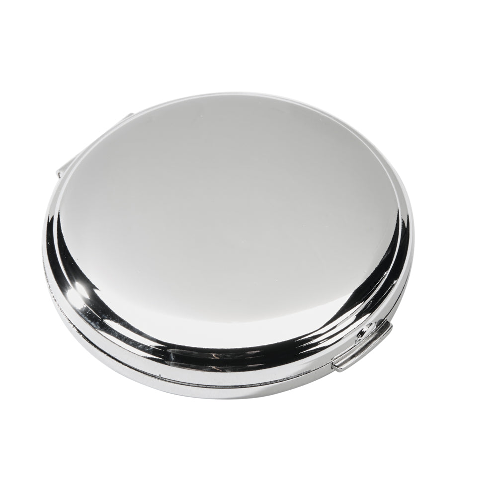 Boston Round Compact Mirror, 2.25 inches in diameter, featuring a non-tarnishing nickel plated finish and two mirrors inside.