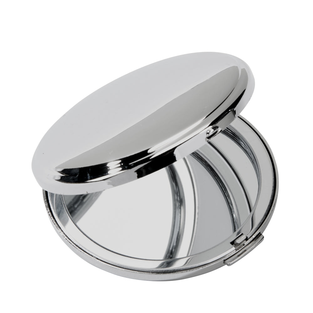 Boston Round Compact Mirror, 2.25 inches in diameter, featuring a non-tarnishing nickel plated finish and two mirrors inside.