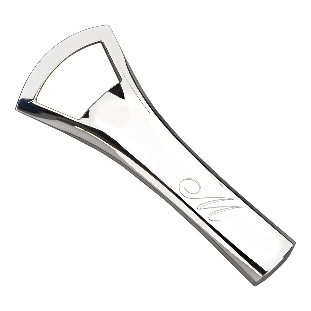 Stylish non-tarnish nickel plated bottle opener, 5 inches long, perfect for home bars.