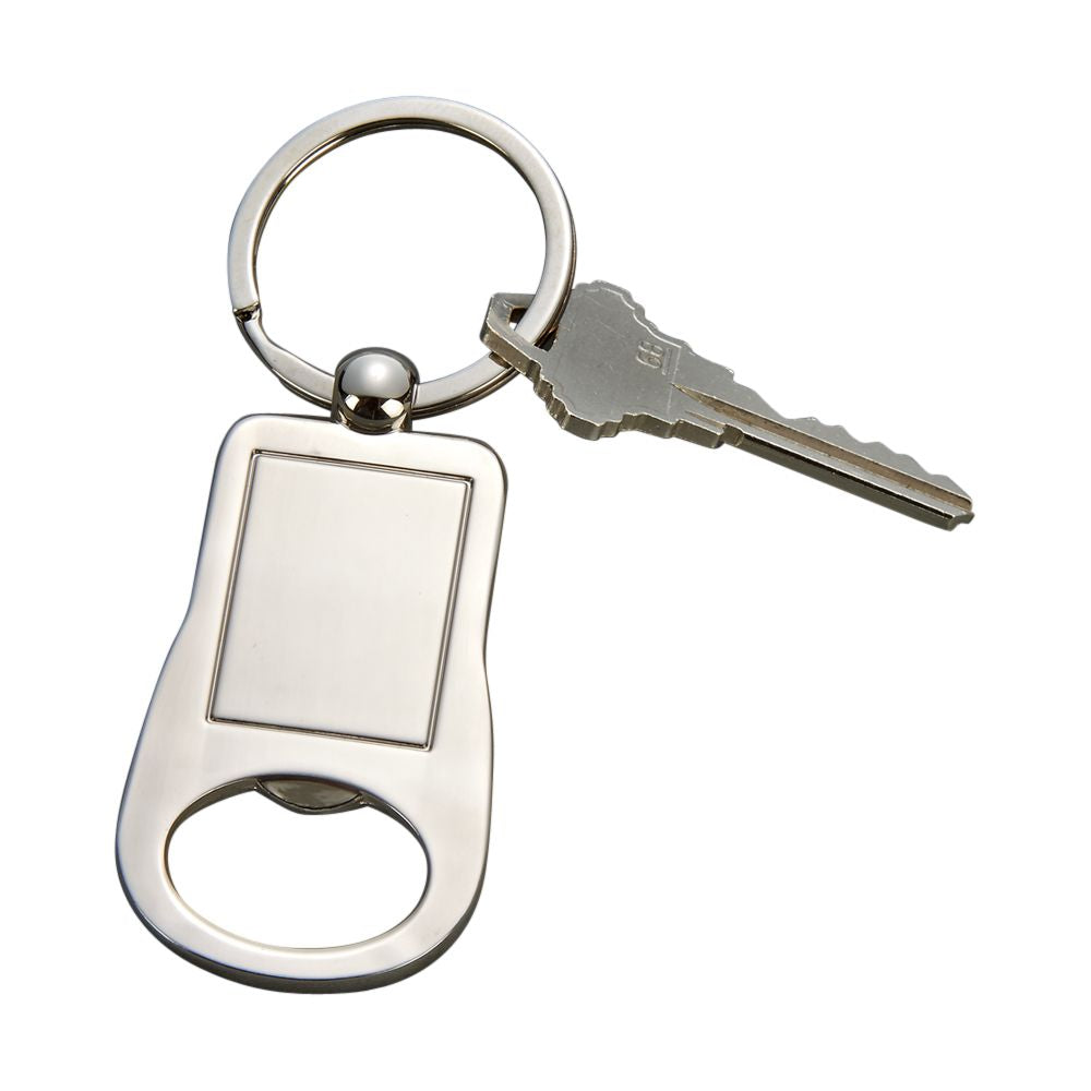 Stylish bottle opener keychain with a bright silver finish, featuring a ring for easy attachment.