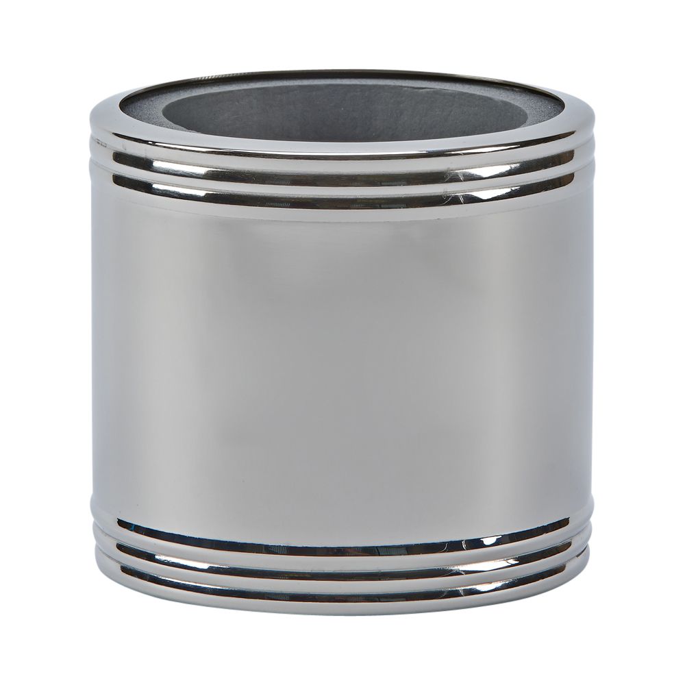 Chrome plated bottle or can holder with a polished finish, designed for stylish beverage presentation.