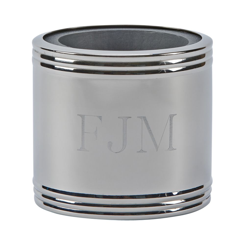 Chrome plated bottle or can holder with a polished finish, designed for stylish beverage presentation.