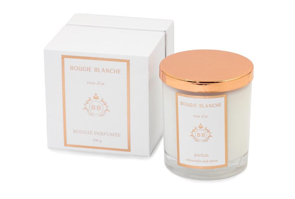 Bougie Blanche Rose d'Or Candle in a stylish jar, showcasing its elegant design and natural soy wax blend.