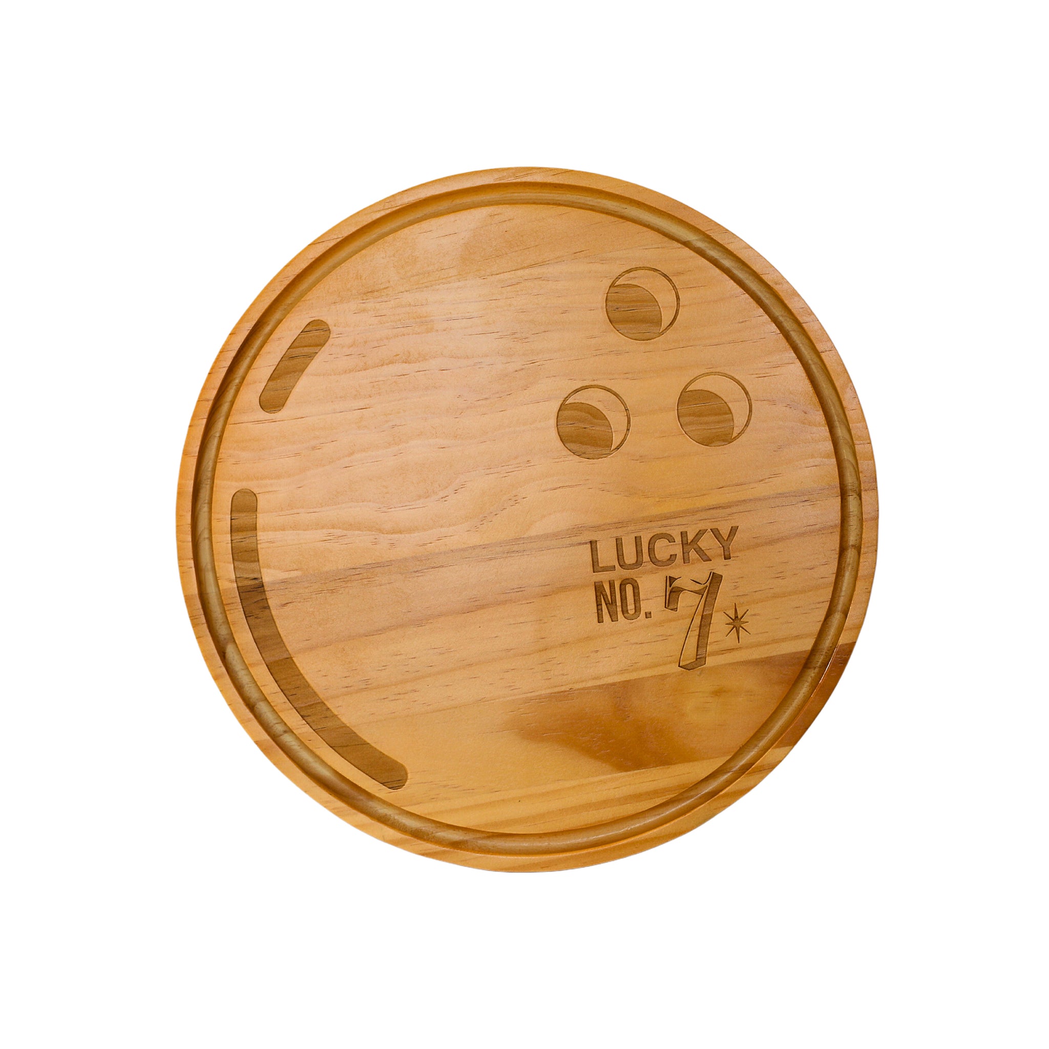 A 13-inch bamboo bowling ball wood board, perfect for sports-themed parties and tailgating, showcasing a unique bowling ball design.