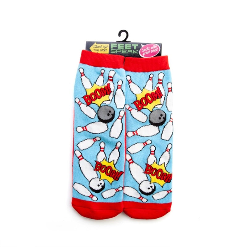 Bowling Feet Speak Socks featuring vibrant bowling graphics and GAME ON message at the bottom.