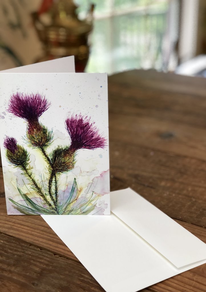 A beautifully arranged box set of 6 greeting cards featuring original flower paintings including Thistles, Daylily, Rose, and Magnolia.