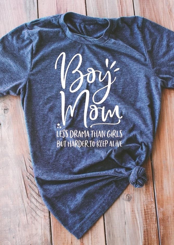 Light grey Boy Mom Less Drama Than Women T-shirt, featuring a casual short sleeve design and flutter sleeves, perfect for stylish moms.