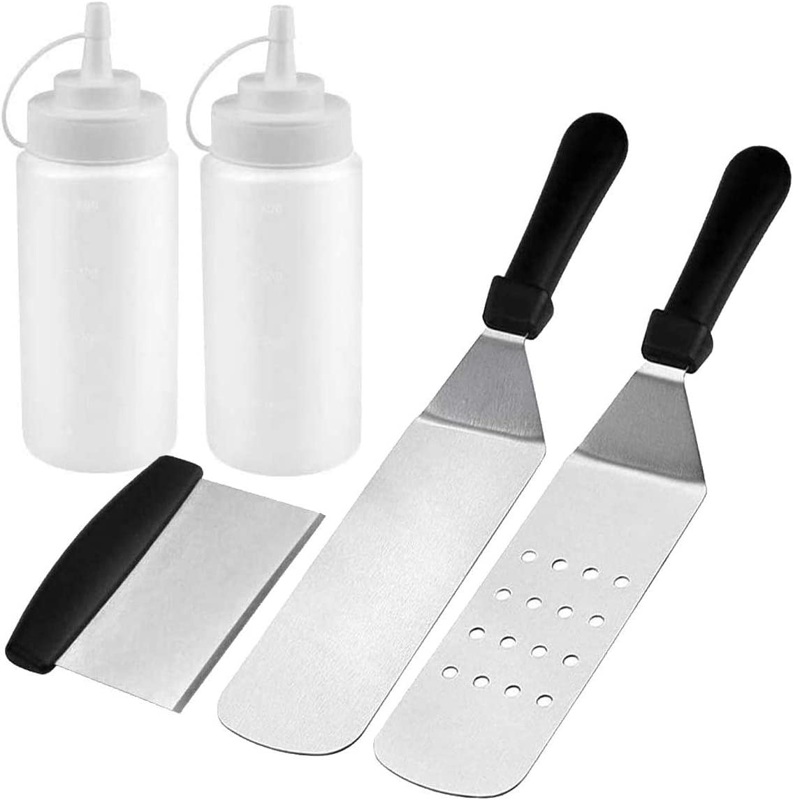 BBQ Griddle Accessories Kit featuring stainless steel spatulas, scraper, and condiment bottles, perfect for grilling enthusiasts.