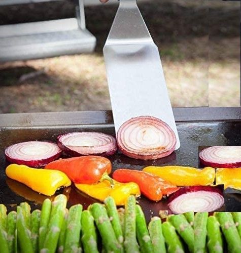 BBQ Griddle Accessories Kit featuring stainless steel spatulas, scraper, and condiment bottles, perfect for grilling enthusiasts.