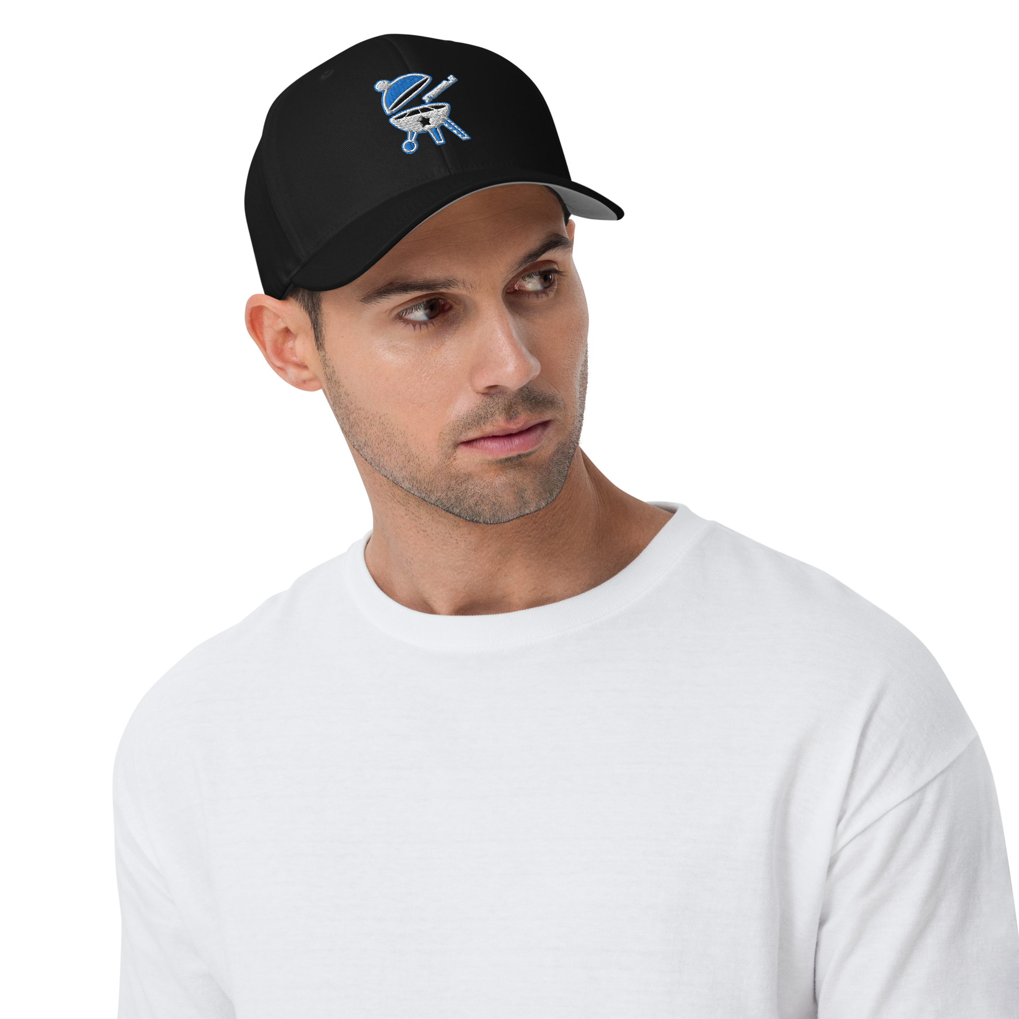 BBQ Pic Baseball Cap featuring a structured design, elastic stretch band, and silver undervisor, perfect for outdoor events.