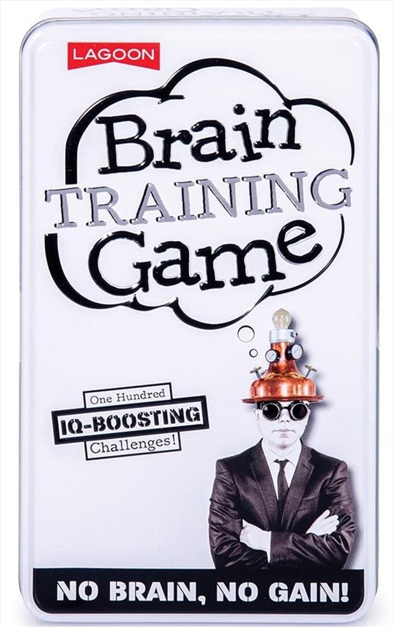 Brain Training Game Tin featuring over 100 puzzles for cognitive challenges and fun.