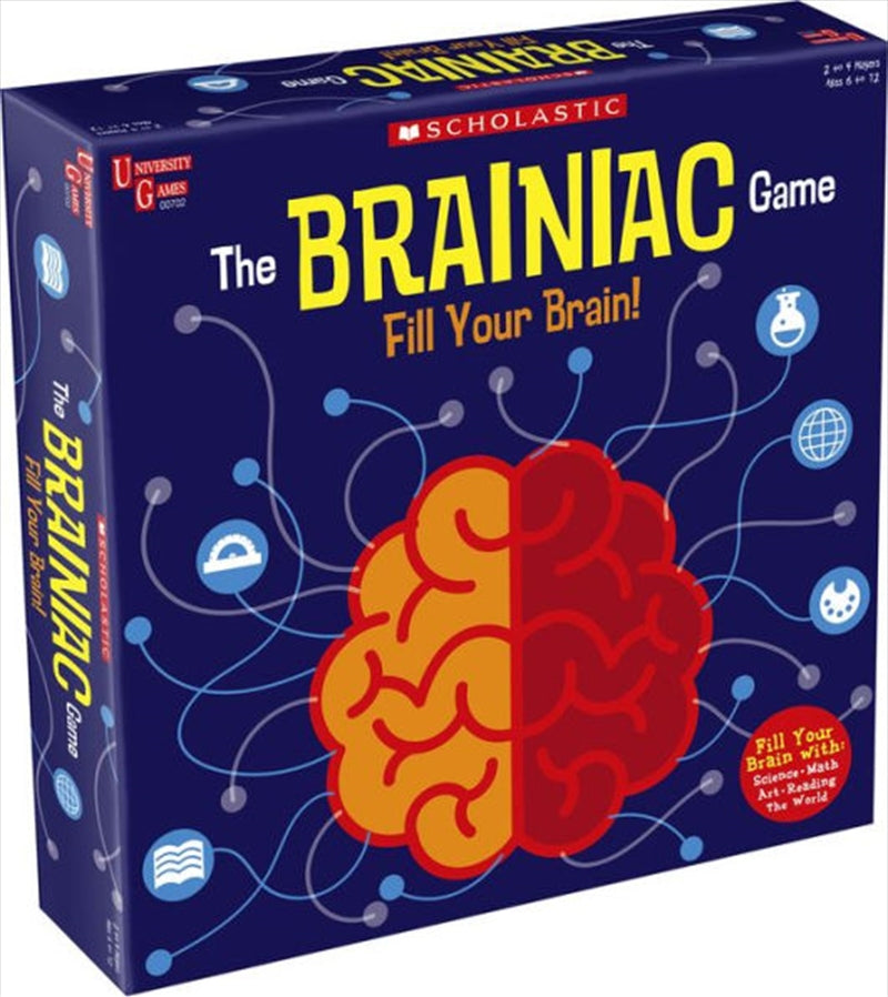 Brainiac Game board with colorful question cards and player pieces, designed for children aged 6-12.