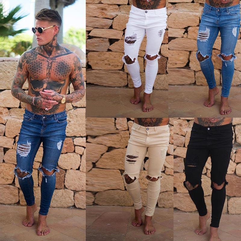 Brand New Men's Ripped Denim Jeans in light wash, featuring a skinny fit and stylish pencil design, perfect for modern casual wear.