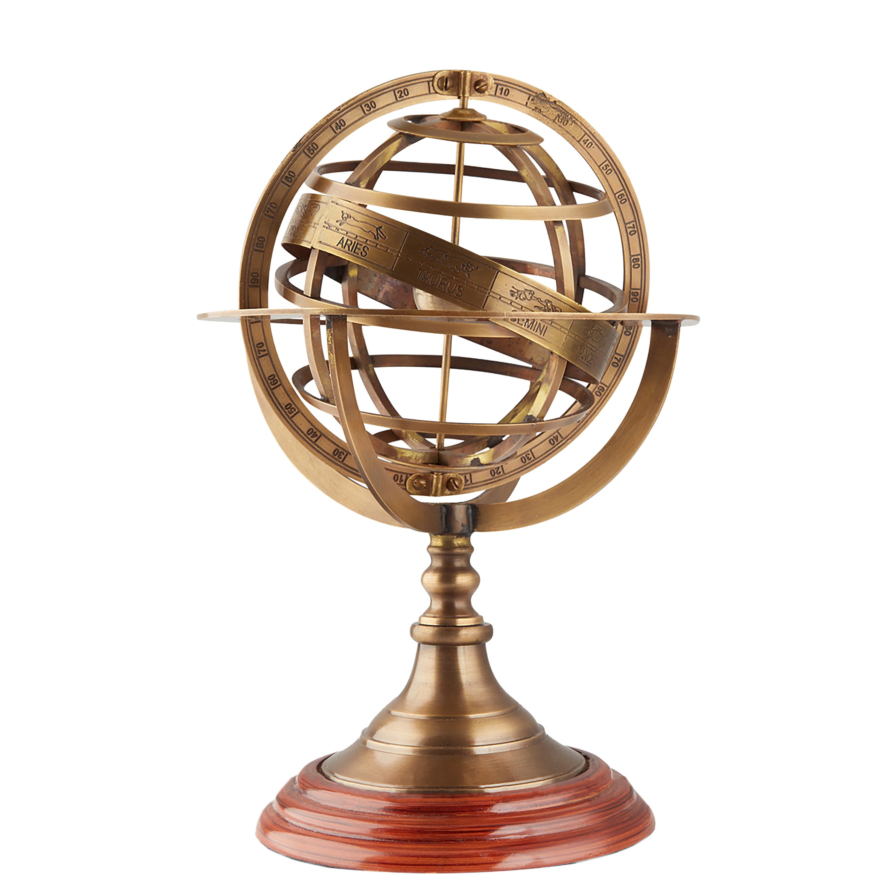 A beautifully crafted Brass Armillary Sphere with an antique finish, showcasing intricate details and a celestial design.