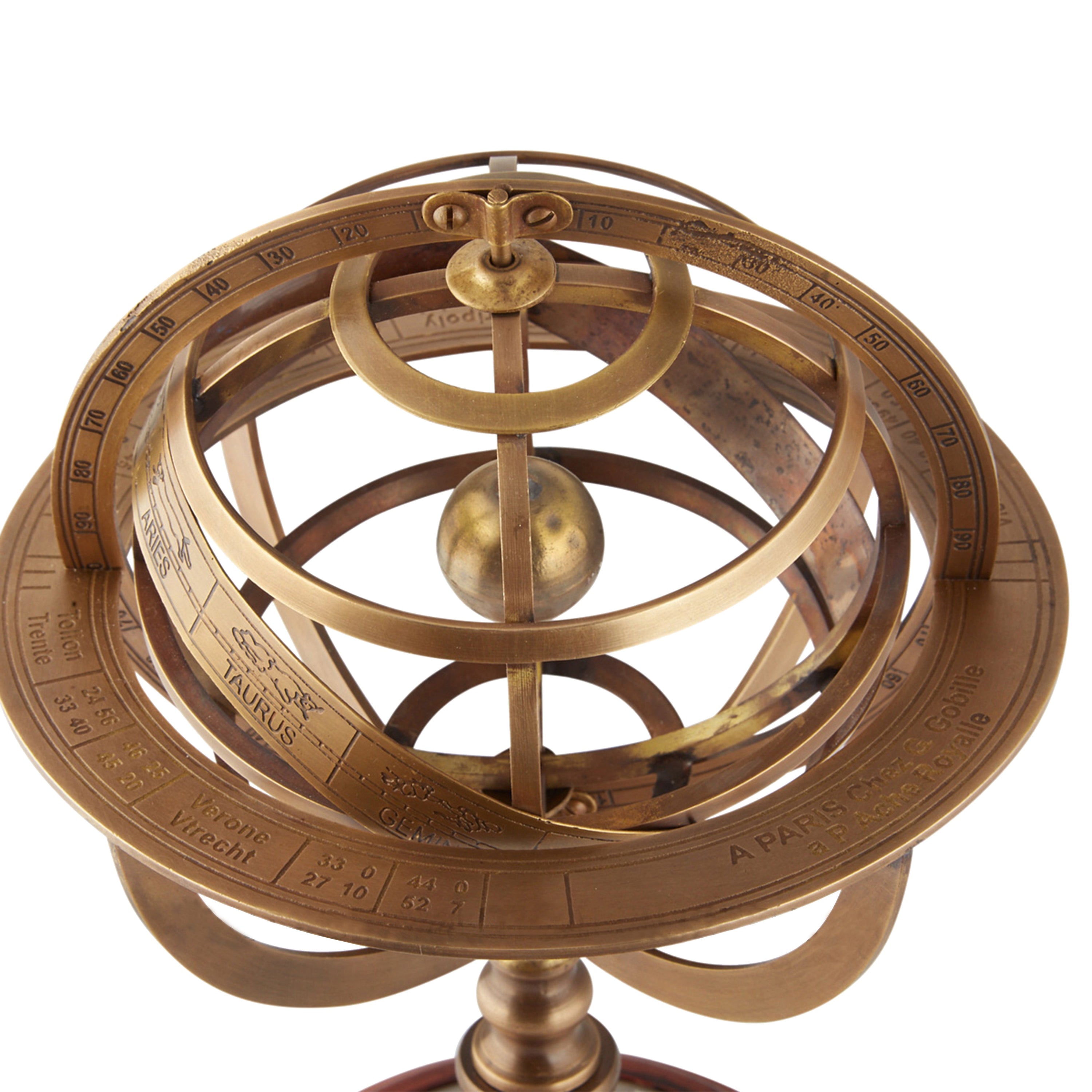 A beautifully crafted Brass Armillary Sphere with an antique finish, showcasing intricate details and a celestial design.