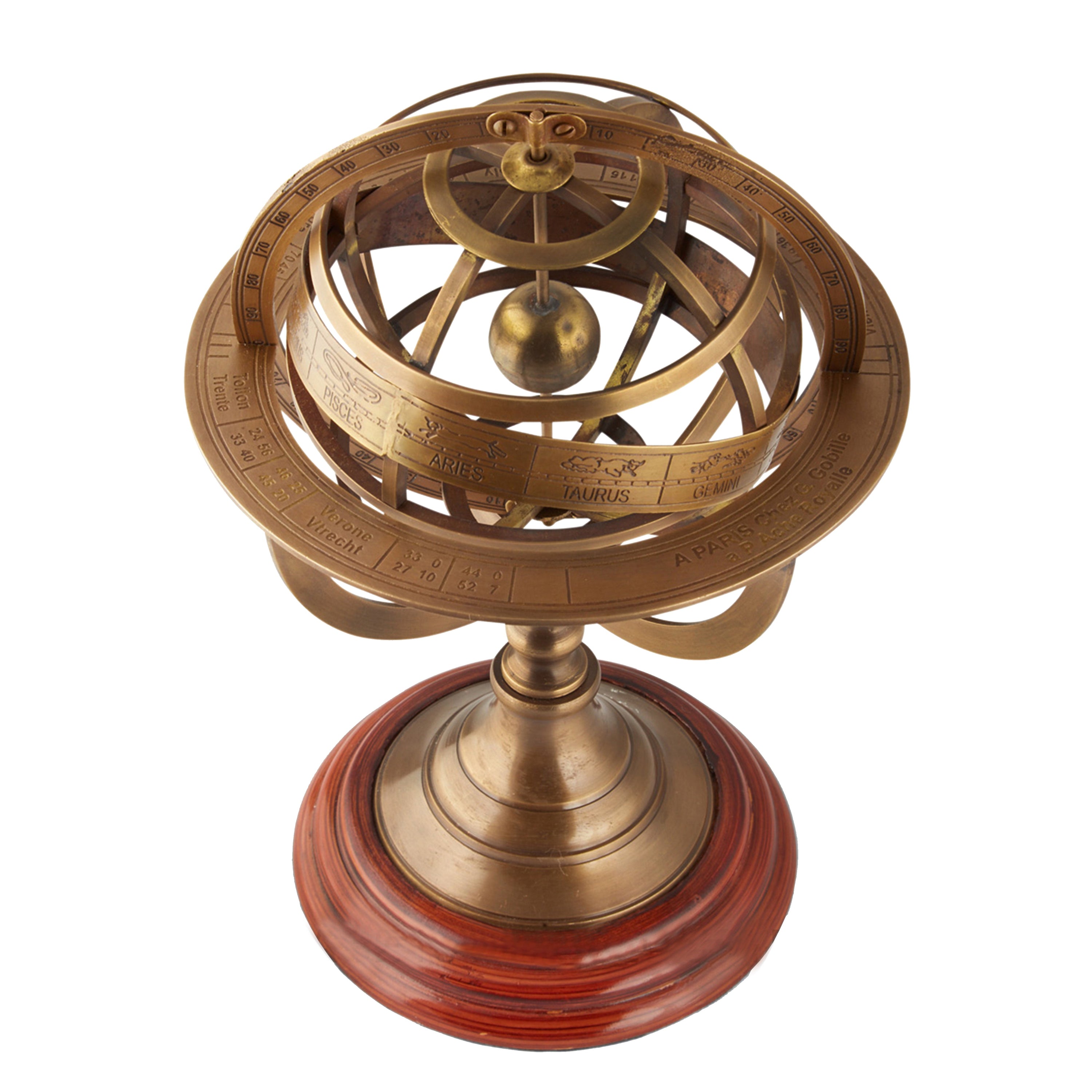 A beautifully crafted Brass Armillary Sphere with an antique finish, showcasing intricate details and a celestial design.