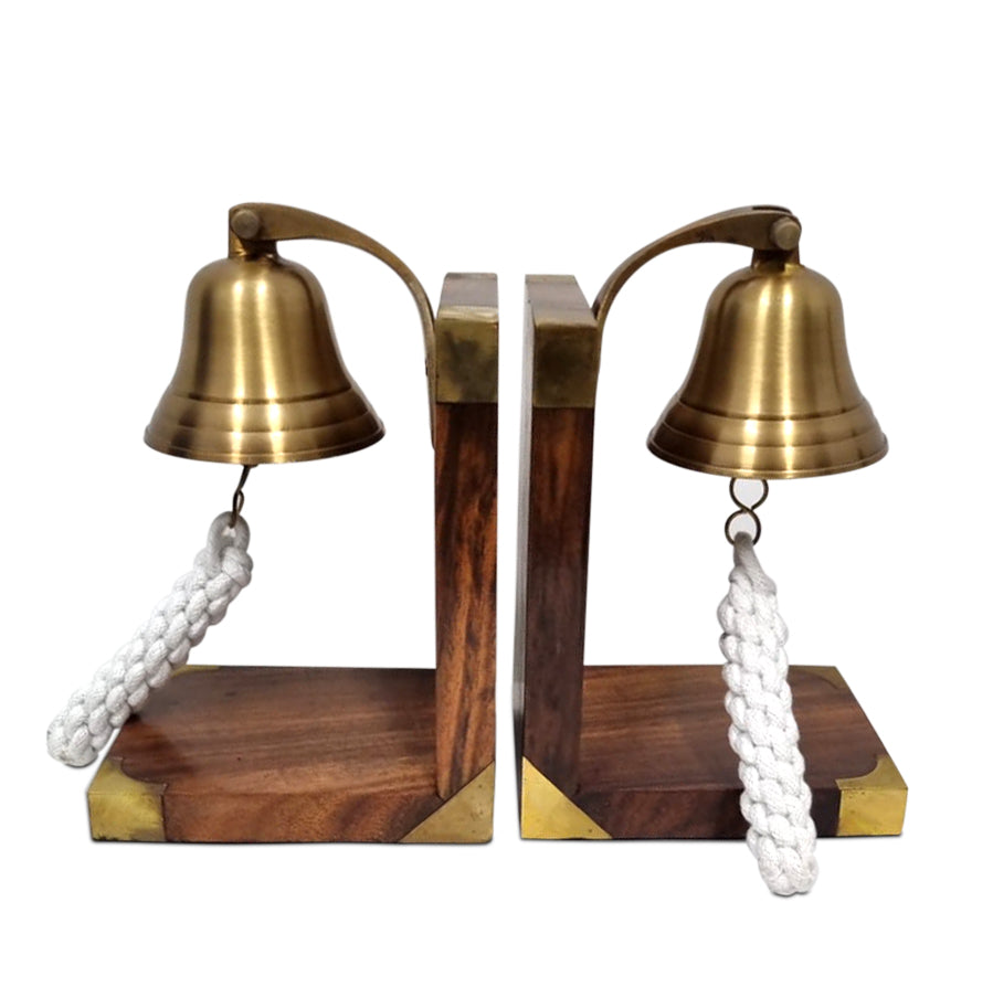 A beautifully handcrafted brass bookend shaped like an anchor bell, featuring an antique finish, perfect for home decor.