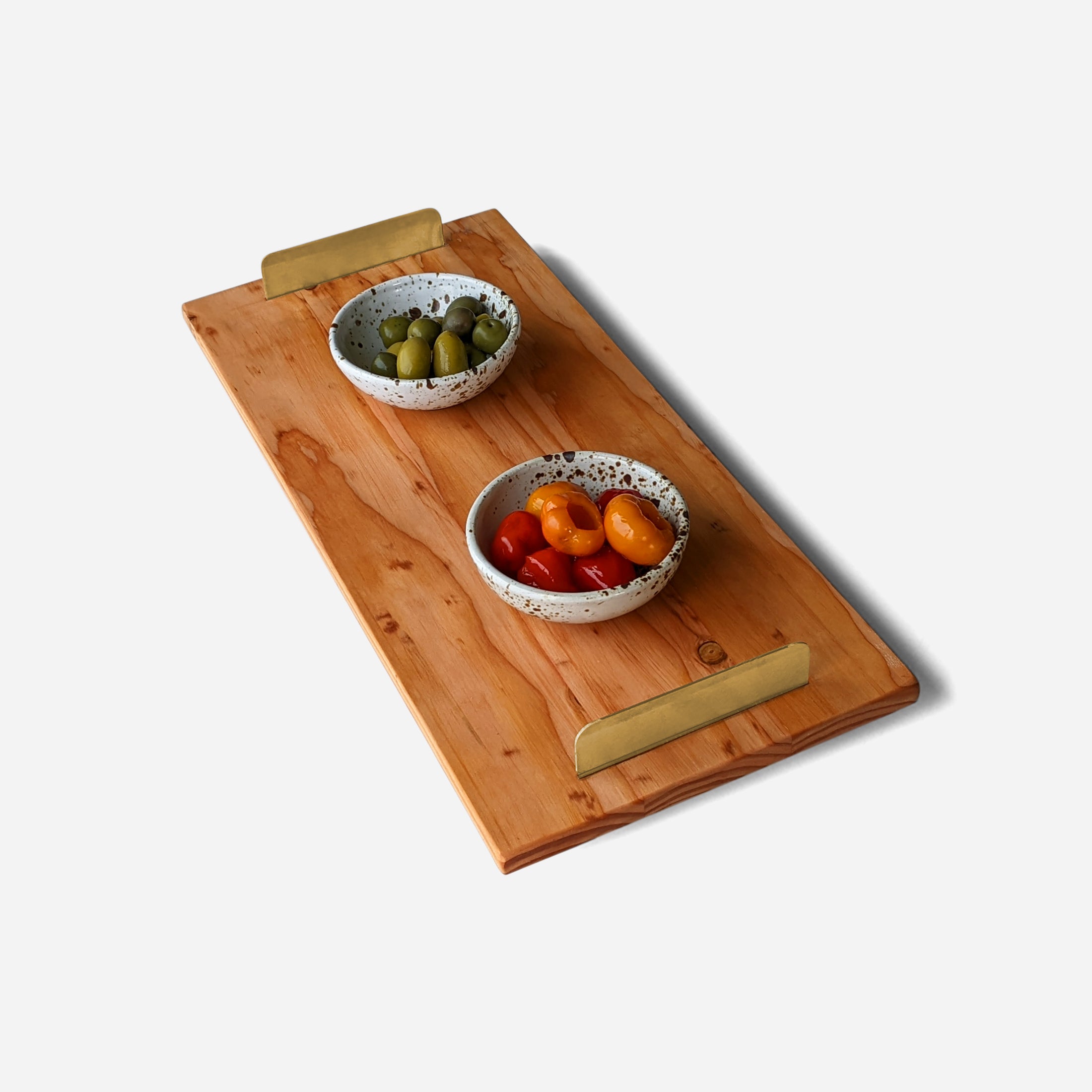 A beautifully crafted Brass Handle Tray made from Doug Fir wood with elegant brass handles, showcasing a unique beeswax finish.