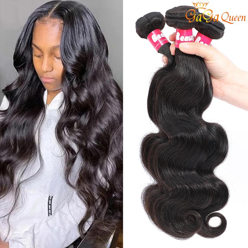 Brazilian Virgin Hair Body Wave Human Hair Extensions showcasing soft, shiny, and bouncy texture in natural black color.