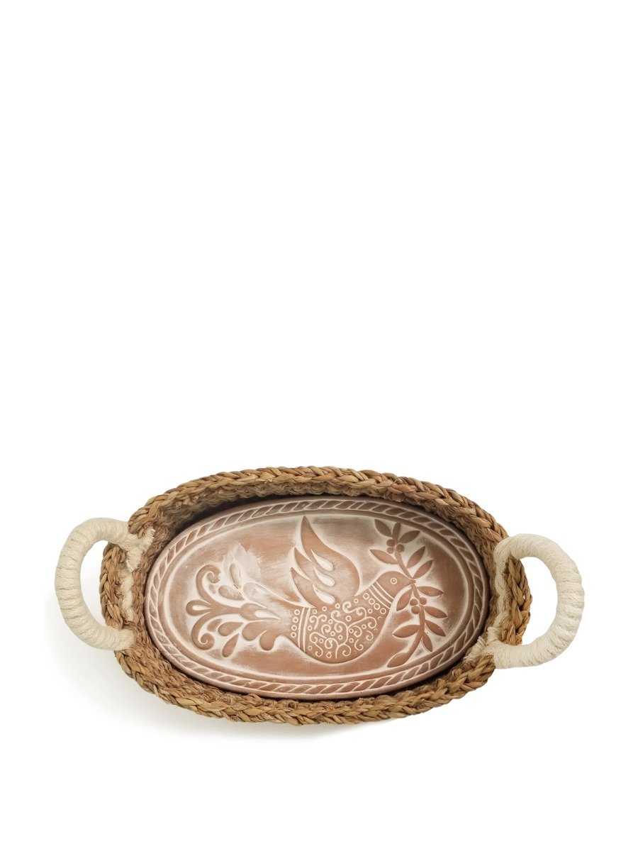 Handcrafted Bird Oval Bread Warmer made of terracotta with a seagrass basket, featuring intricate bird and leaf designs.